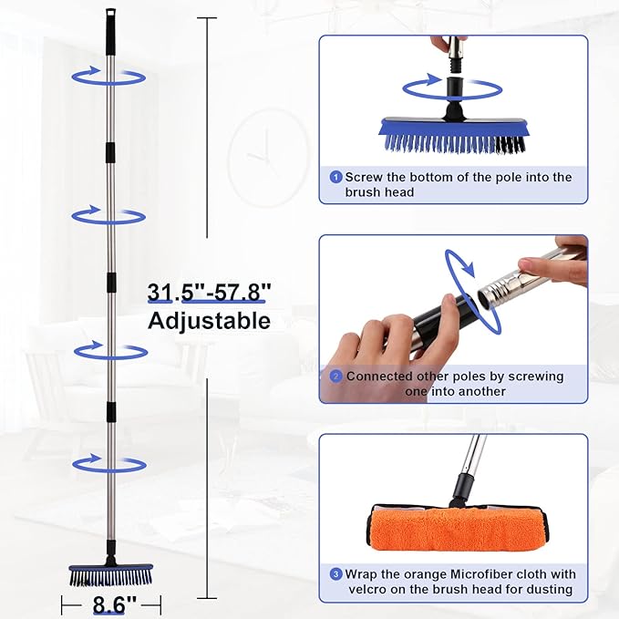 Grout Cleaner Brush with Long Handle, V-Shaped Floor Scrub Brush Swivel Grout Brush Stiff Bristle Floor Grout Scrubber for Bathroom, Tile Line, Crevice, Kitchen, Wall, Deck, Garage (Blue)