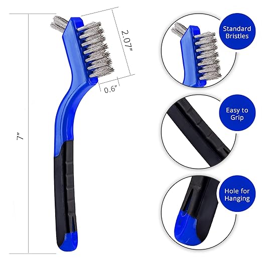 Wire Brush Set 3Pcs - Nylon/Brass/Stainless Steel Bristles with Curved Handle Grip for Rust, Dirt & Paint Scrubbing with Deep Cleaning – 7 Inches (Blue)