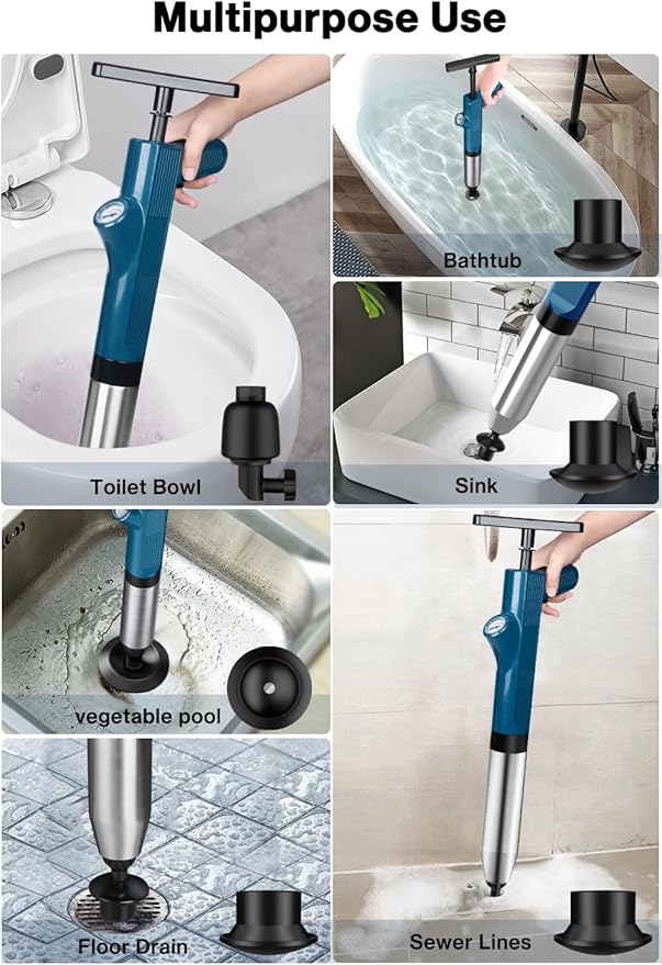 Toilet Plunger Set, High Pressure Air Plunger Drain Clog Remover, Sink Plungers for Bathroom, Snake Drain Blaster with Real-Time Barometer for Toilet Unclogger,Kitchen,Shower,Pipe,Floor,Sewer