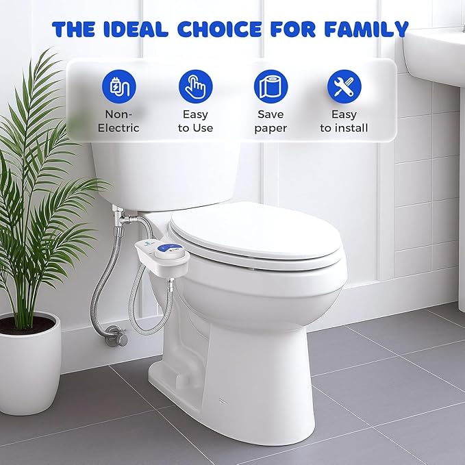 POCALAND Bidet Attachment for Toilet Seat, Non-Electric Cold Water Bidet with Pressure Controls, Dual Nozzles for Frontal & Rear Wash, Retractable Self-Cleaning for Female & Old- White