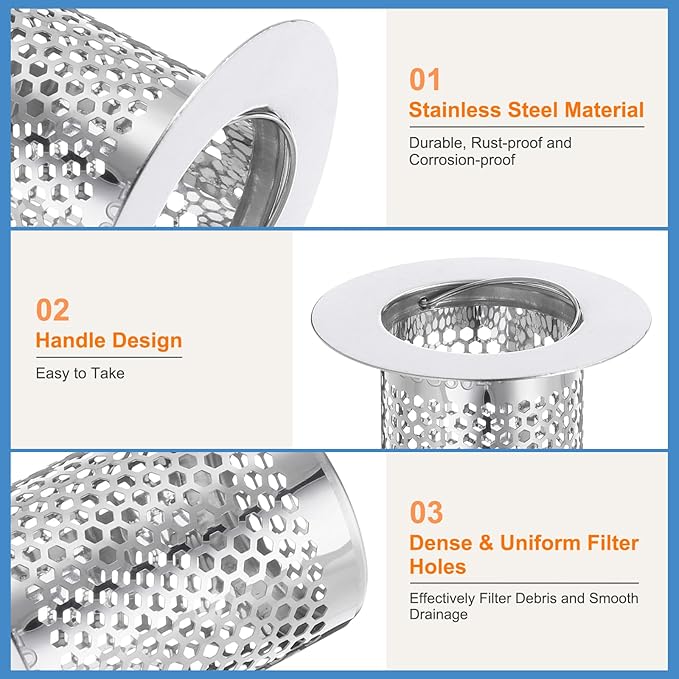 uxcell 4 Pack Shower Drain Strainer, 2" x 2" 304 Stainless Steel Floor Drain Strainer Deep Sink Hair Catcher for Kitchen Bathroom Balcony Floor Drain, Fit Hole Size from 1.1" to 2"