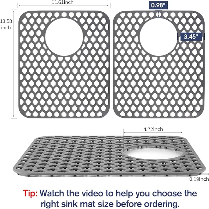 2PCS Silicone Sink Protector 12"x14" Rear Drain Hole, Heat Resistant Non-slip Dishwasher Suitable, Large Mat for Bottom of Farmhouse Kitchen Stainless Steel Sink