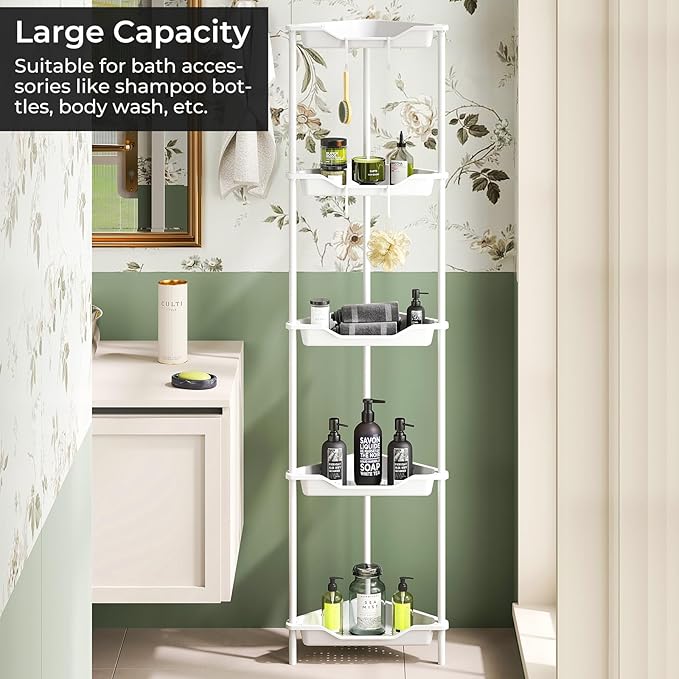 ODesign 5 Tier Floor Standing Corner Shower Caddy Organizer, Plastic Metal Floor Corner Shelf Storage Rack for Bathroom White - Rustproof
