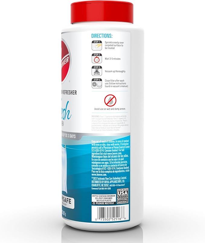 Hoover Carpet and Room Refresher, 32 oz, Carpet Powder, Odor Remover, Fresh Linen Scent, Vacuum Cleaner Safe, For Use on Carpets, Rugs, Couches and More, For Home Use