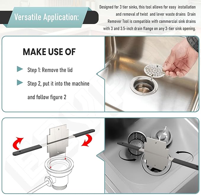 Waste Drain Tool for 3 Tier Sink in Commercial Kitchens, Fit Twist and Lever Waste Drains Drain Installation and Removal Tool