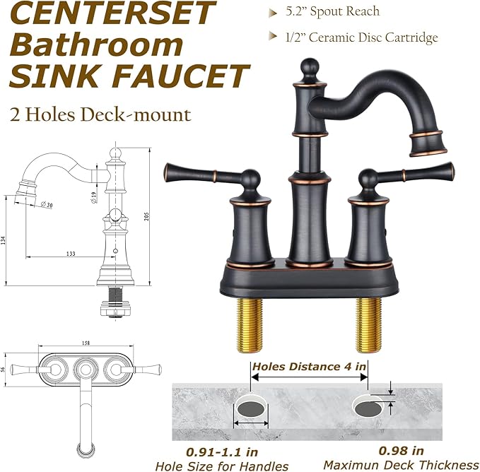 Roman Bathroom Sink Faucet Deck Mount or Wall Mount Installation Pop-up Drain Assembly with Overflow Deck Plate and Water Supply Lines Included (2 Hole Deck Mount, ORB)