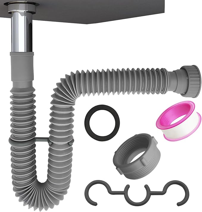 Flexible Expandable Bathroom P Trap, 1 1/4 to 1 1/2 Sink Drain Adapter Included, Wash Basin Rubber Tips Sink Drain Pipe, Universal Extension Tube for Kitchen Bathroom Sink Sewer Drain