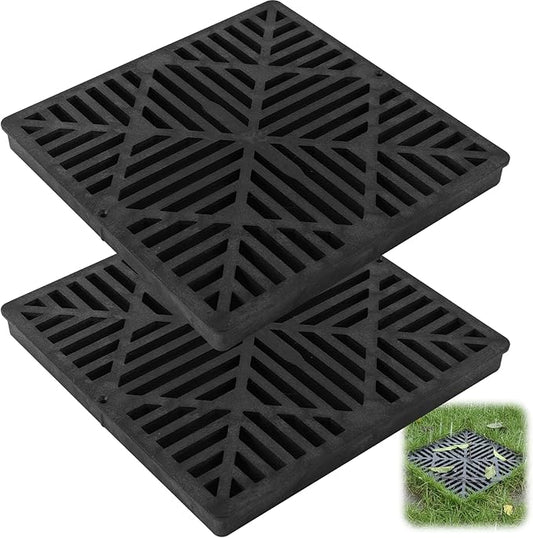 (2-Pack) Calvana Square Drain Grate, Compatible with NDS 1211G, Diamond Design for 12-Inch Catch Basins, Risers, and Low Profile Adapters, Extra Reinforcement for Toughness, Polyethylene, Black