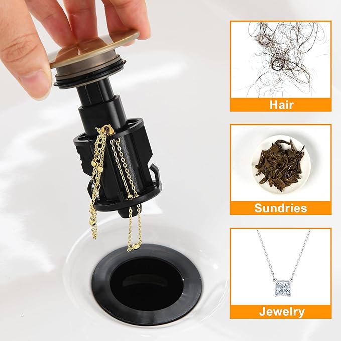 Vessel Sink Drain Without Overflow, Plastic Bathroom Pop up Sink Drain Fit for 1 3/4 Inch Vessel Sink, Built-in Anti Clogging Sink Stopper, Brushed Gold
