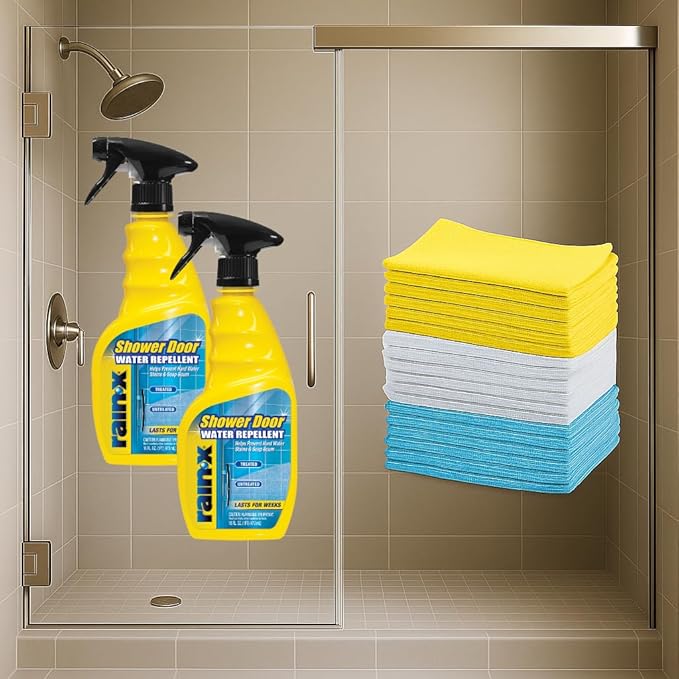 Rain-X 630542 Water Repellent 16 Fl. Oz. (Pack of 2) with Amazon Basics Microfiber Cleaning Cloths, 16" x 12" (24-Pack) - Glass Shower Door Protection Bundle