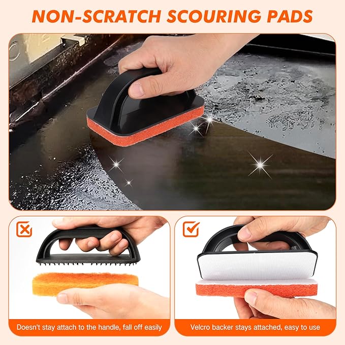 Tilldawn Griddle Cleaning Kit for Blackstone 13 Piece- 2 Stainless Steel Cleaning Scrapers, 10 Scouring Pads and 1 Handle, Cleaning Accessories for Blackstone Grill, Flat Top Grill Cleaning Tools Kit