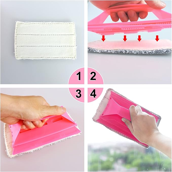 Multifunctional Glass& Window Track Cleaning Tools, Soft Frosted Glass Window Washer Cloth Brush with Study PVA Handle and Scraper, Window Cleaner Tool for Windows, Doors, Tiles (Cute Pink)