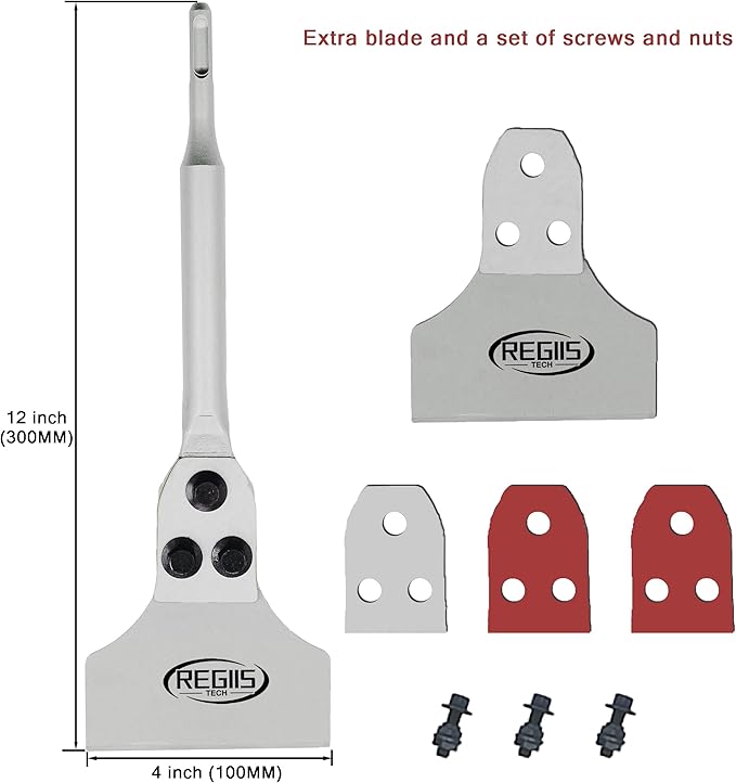 SDS Plus Floor Scraper 4 in. x 12 in. Wide Tile Flooring Adhesives Remover, Thinset Removal Tool Chisel Bit with Spare Blades for Rotary Hammer Drill