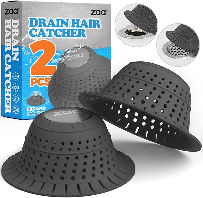 zaa Bathtub Drain Hair Catcher, Premium Silicone Collapsible 2 Pack Drain Protector for Pop-Up & Regular Drains of Shower, Bathtub, Tub, Bathroom, Sink, Black Black