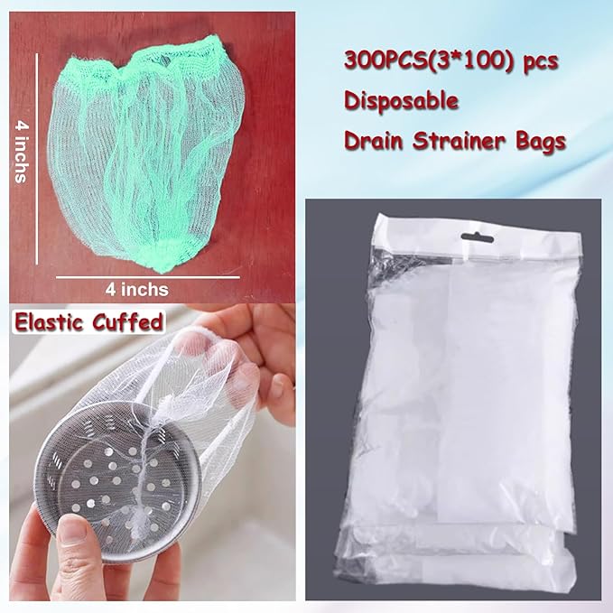 300 Sink Strainer Net Bags for Sink Drain Strainer with Storage & Dispenser Box,Anti-Clogging Disposable Drain Dovers Mesh Filter Sink Trash Catcher Bags for Kitchen,Bath,Tub Drain etc