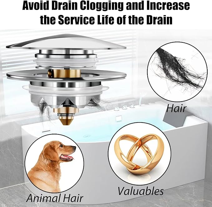 Bathtub Drain Stopper, Pop Up Tub Stopper and Cover, Bottom with Hair Catcher, Universal for 1.45 to 1.8in Drain, Replaces Old Drain Plug, Chrome Silver