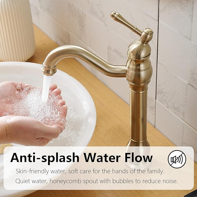 Brushed Gold Vessel Sink Faucet 360° Swivel for Bathroom Single Hole Farmhouse Tall Commercial Vanity Matching Pop Up Drain Without Overflow Mixer Tap Single Handle