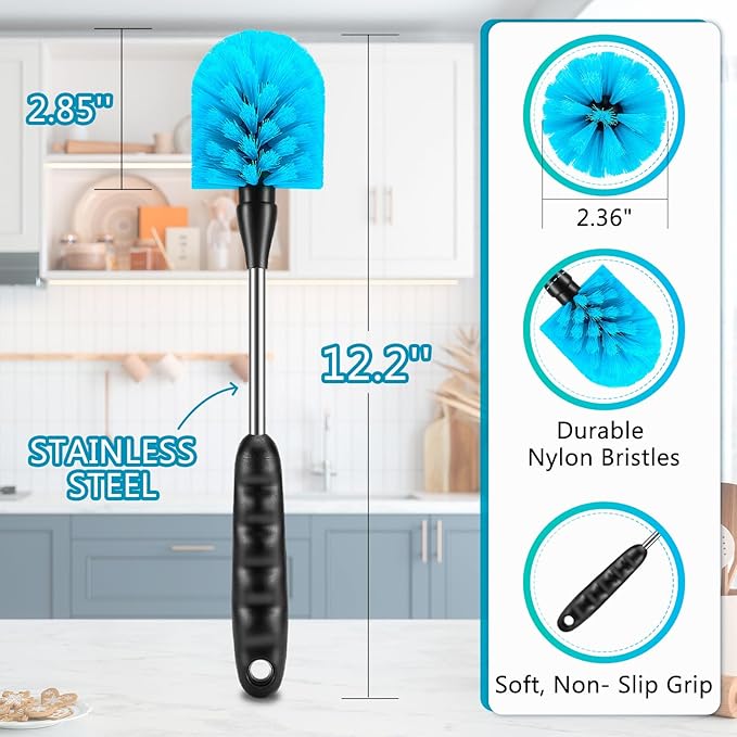 12.2 inch Bottle Brush Set of Three，Washable Coffee Cups, Water Bottles, Baby Bottles, Straws, to-go Cups, Long-Handled 3-in-1 Stainless Steel Bottle Brushes. (Black)