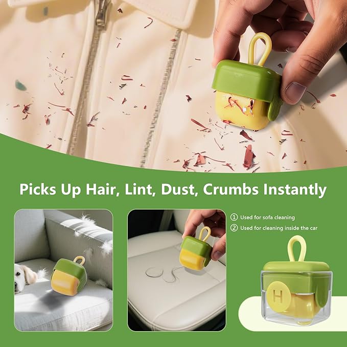 Mini Lint Roller, Reusable Travel Portable Lint Roller Mini, Washable Sticky Roller for Pet Hair Debris Removal Tool (Green)