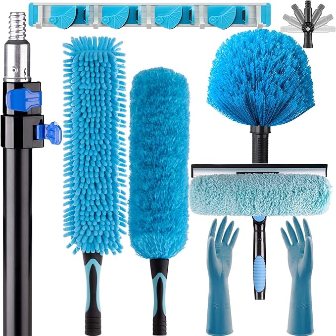 16 Foot High Reach Ceiling Fan Duster with 4.5-8ft Heavy Duty Extension Pole, Microfiber Feather, Cobweb Duster, Window Squeegee Kit Cleaner, Cleaning Gloves
