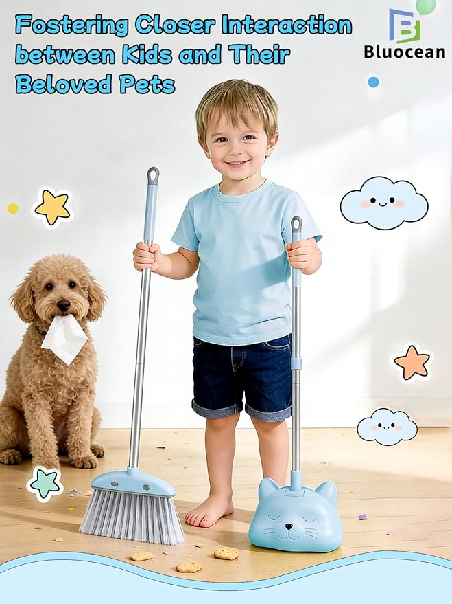 28'' Kids Mini Broom with Dustpan & Mop Set - Toddler Cleaning Toy, Toddler Household Helper, Parent-Child Interactive Play Cleaning Tool, Cute Cartoon Design, Small Safe Corner Broom (Blue Bubble)