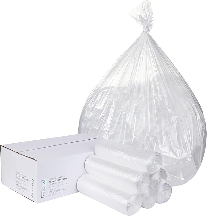 TYPLASTICS 33 Gallon Clear Trash Can Liners - 33" x 40" - High Density Garbage Bags - Case of 500 - Multipurpose for Office, Outdoor, Recycling, Industrial and Commercial