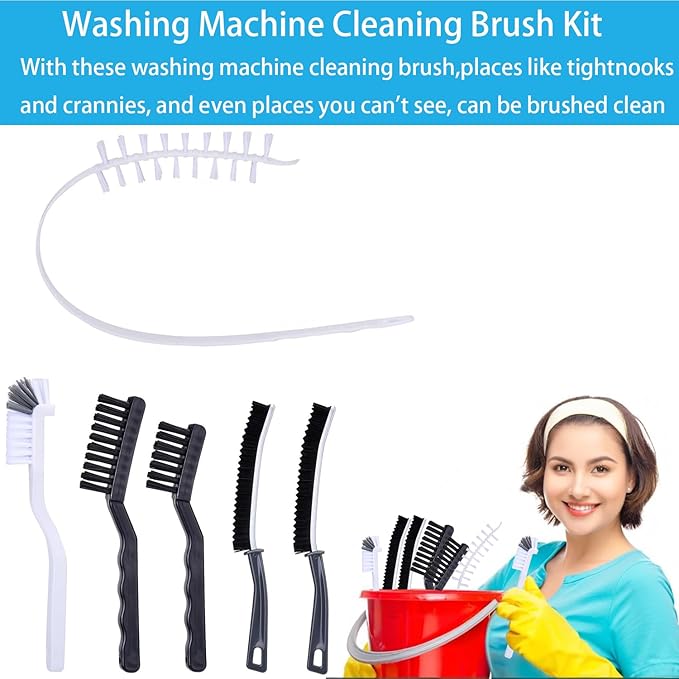 Washing Machine Cleaning Brush Set - 6-Piece Kit with 5 Crevice Cleaners & 1 Drum Brush for Front Load Washer | Nylon Bristle Rubber Seal Scrubber | Tight Space Accessories