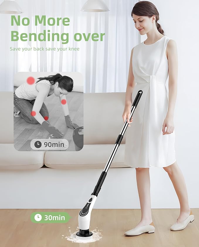 Electric Spin Scrubber, Cordless Power Scrubber with 7 Brush Heads &Telescopic Handle, Lightweight Bathroom Scrubber for Cleaning Tile Grout Tub Shower Floor Window, White-rx2