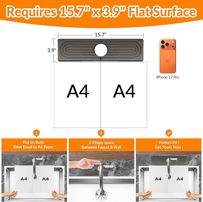 15.7 Inch Stone Faucet Mat for Kitchen Sink Splash Guard, Diatomite Sink Protectors for Kitchen Sinks Behind Faucet, Quick Dry Water Absorbing Stone Tray , Drip Catcher (Dark Gray, 15.7" x 3.9")
