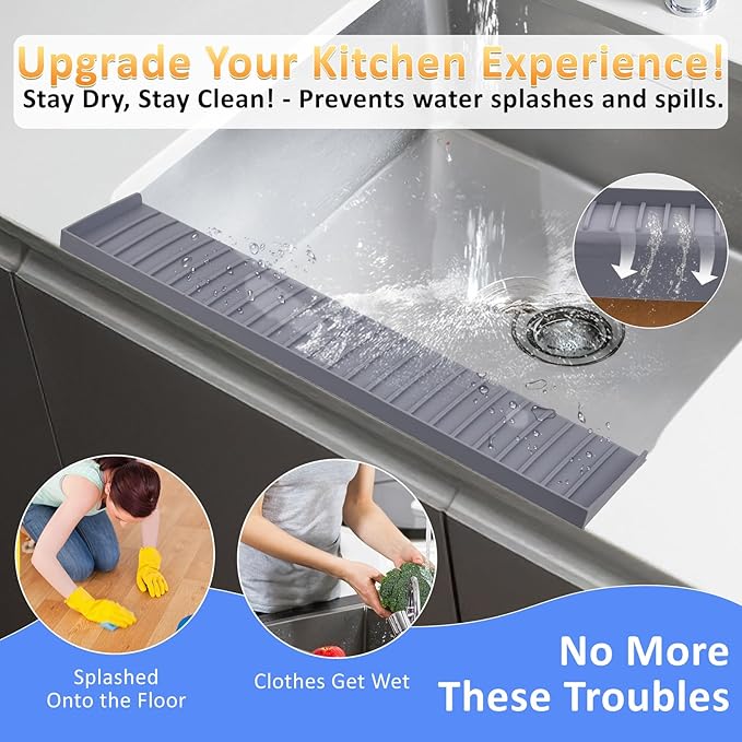 Sink Edge Protector with Suction Cup 4"x14", Silicone Sink Splash Guard for Kitchen & Bathroom, Protect Countertop from Scratches, Stains, for Stainless Steel Granite Quartz-Grey
