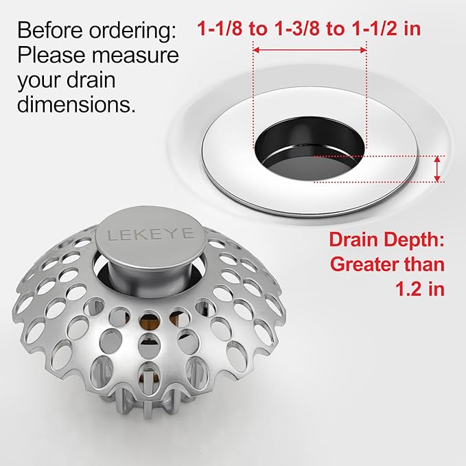 LEKEYE Bathroom Sink Stopper | Shower Drain Hair Catcher | Pop Up Sink Drain Plug | Bathroom Sink Drain Strainer for 1-1/8"to 1-3/8" to 1-1/2" Drain Holes- Pearl Chrome