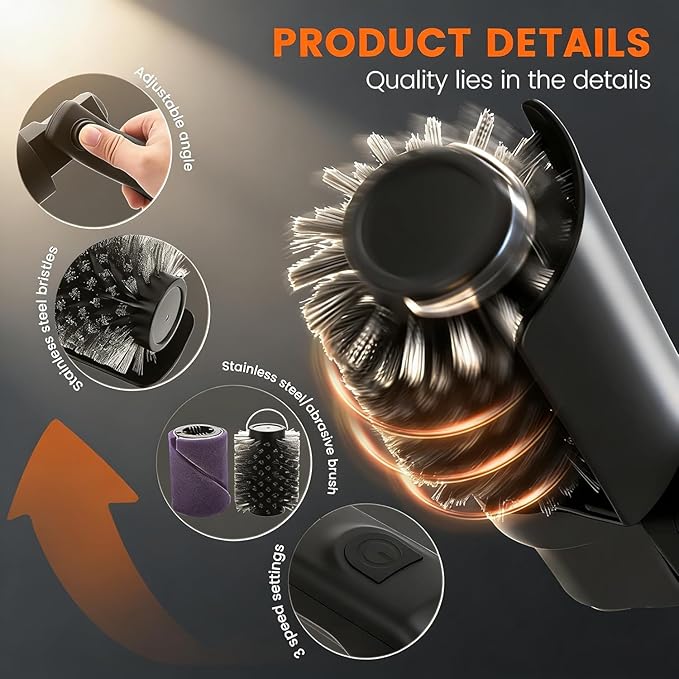 Electric Grill Brush for Ootdoor Grill, Cordless Grill Brush for Outdoor BBQ with 2 Heads, 3-Speed & Angle Adjust Cordless Rotary Grill Cleaner, Rechargeable Grill Cleaning Brush for Barbecue Grates