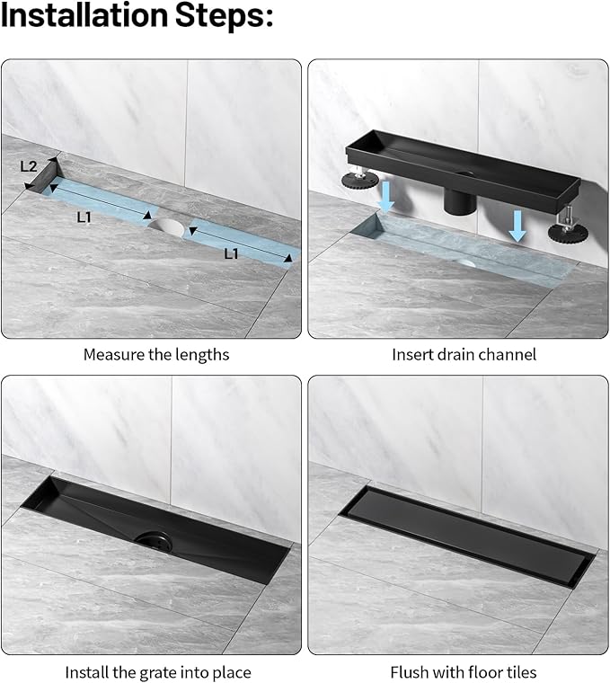 Linear Shower Drain, 304 Stainless Steel with Adjustable Leveling Feet, Hair Strainer,Reversely Install Place to Create an Invisible Floor Drain - Black -48-Inch
