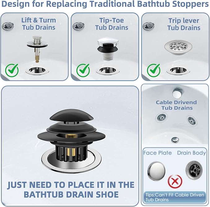 2 in 1 Tub Stopper Bathtub Drain Hair Catcher with Dual Filtration Design, Anti-Clogging Bathtub Drain Plug Bath Tub Stoppers for 1.45-1.8" Drain Shoe, Black