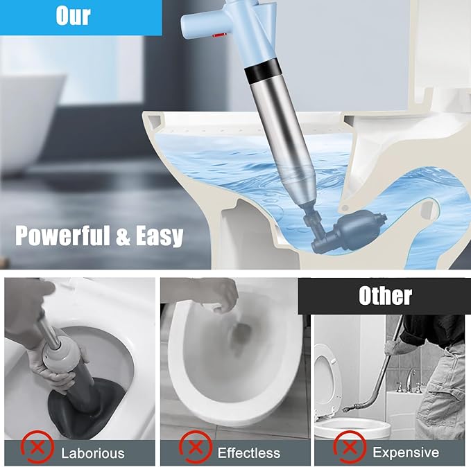 Fast High Pressure Toilet Plunger with Real-Time Barometer | Heavy Duty Air Drain Blaster & Unclogger Tool for Bathroom, Toilets, Sinks, Tubs, Pipes | Clog Remover Kit & Toilet Snake Alternative