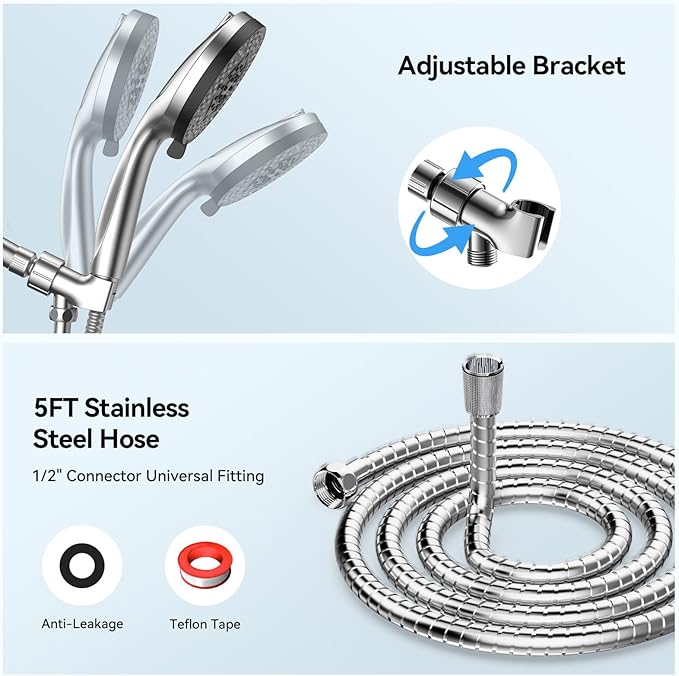 VOXON Shower Head High Pressure 10 Functions, Built-in 2 Power Wash Mode to Clean Corner, Non-Clogging Nozzles, Leakproof Stainless Steel Hose&Adjustable Bracket,for Man, Women, Pet
