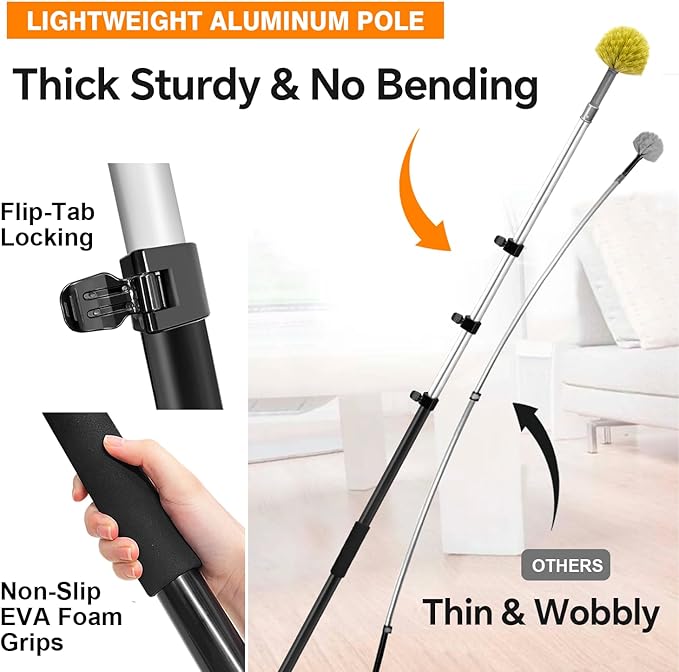 4-12Ft Telescoping Extension Pole Kit, 4-in-1 High Reach Duster with Chenille Microfiber Feather & Cobweb Duster Attachments for Ceiling Wall Hard-to-Reach Indoor & Outdoor Cleaning Yellow