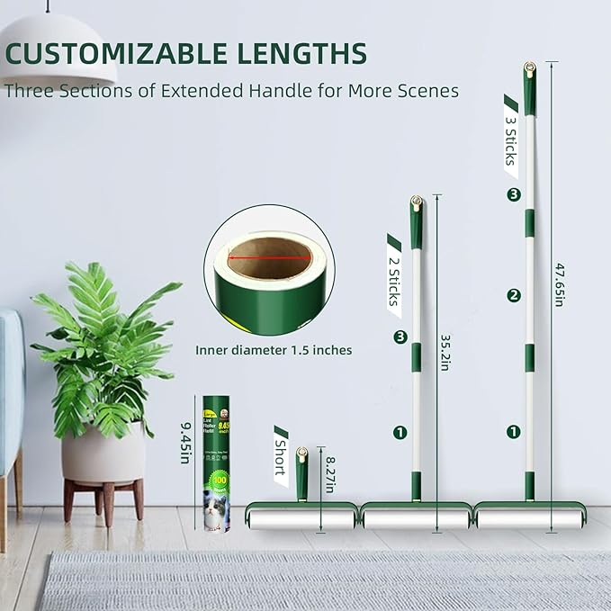 Large Lint Rollers for Pet Hair Extra Sticky, 400 Sheets Roller Refills with Long Handle, 9.45" Giant Lint Roller for Floors, Furniture, and Pet Owners (Green)