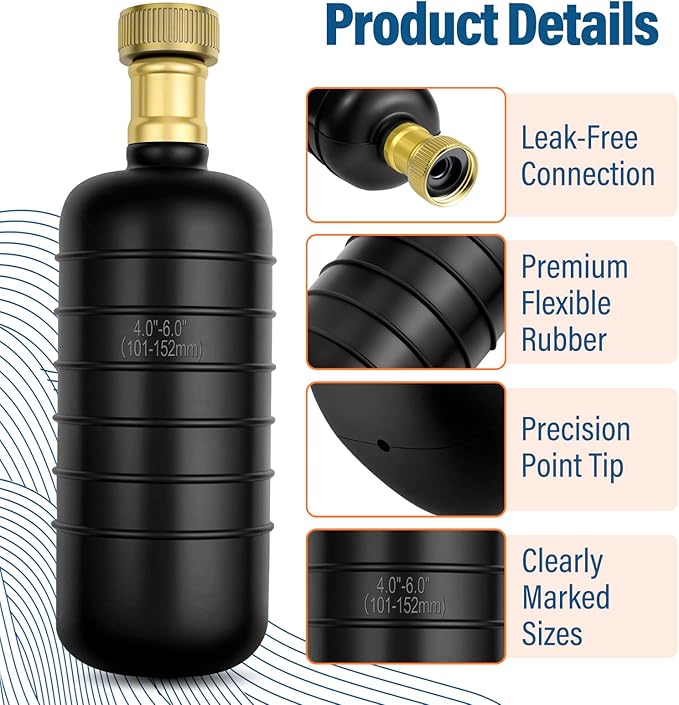 3 Pack Drain Bladder Kit, Rubber Drain Cleaning Bladder Fits 1”–6” Pipes, Unclogger for Sinks, Showers, Bathtubs, Pools, Main Drains & Outdoor Sewer Lines