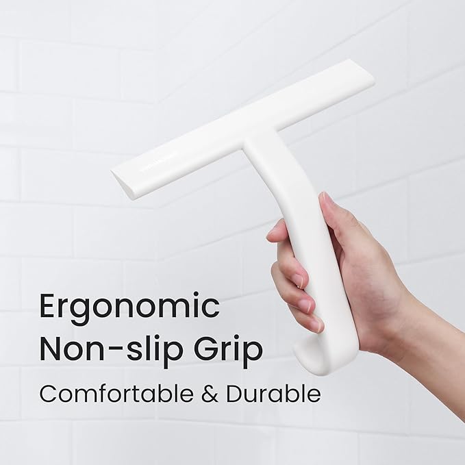 dancemoon JustHang Shower Squeegee for Glass Doors, All-in-One Piece Silicone Squeegee with Built-in Hook for Bathroom, Window, Mirror, Tile Wall, Car, Streak-Free Bathroom Cleaner Tool,10 Inch White