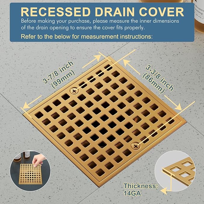 3-7/8" Champagne Bronze Shower Drain Cover - Square Floor Drain Cover Replacement - Hair Catcher/Drain Strainer for Bathrooms, Showers, and Sinks - SUS304 Stainless Steel & CUPC Certified