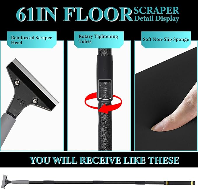 4"Razor Blade Floor Scraper with Long Handle,61in Adjustable Floor Scraper Heavy Duty with 10PCS Extra Metal Blades Paint Scraper for Cleaning Stickers Gum Glass Wall Tile (Black 61in)