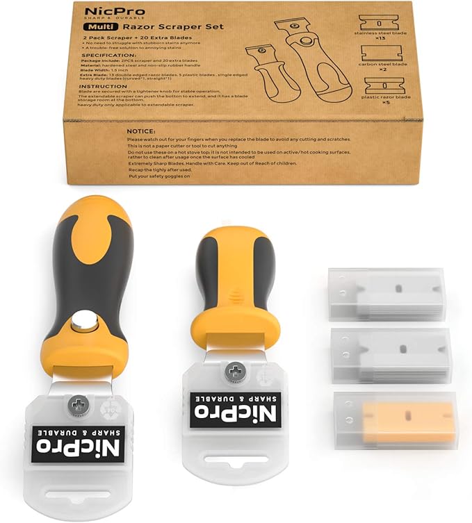 Nicpro 2 PCS Muti-Purpose Razor Blades Scraper Set With 20 Blades Industrial, Adjustable Handle, Cleaning Glass Window Wall Paint, Label Sticker Decal Removal