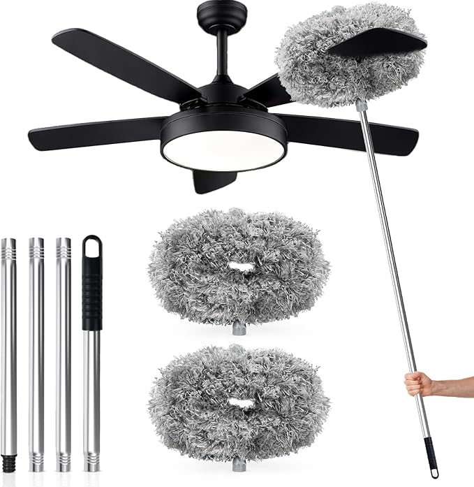 Ceiling Fan Cleaner Duster with Extension Pole, 12 to 51 Inch Duster Length, Reusable Microfiber Dusters for Cleaning Fan Blades, Cobwebs, Walls, Windows & High Ceilings, Removable, Blue