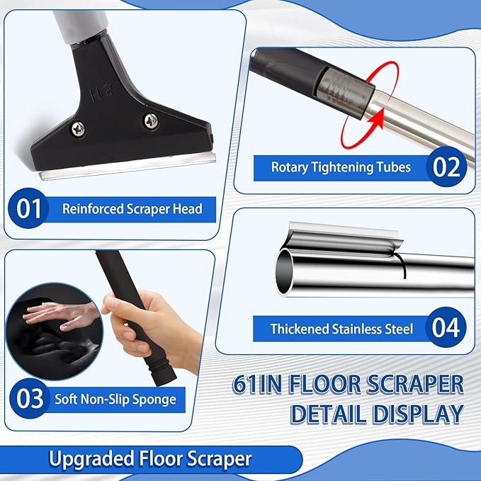 4"Razor Blade Floor Scraper with Long Handle,61in Adjustable Floor Scraper Heavy Duty with 10PCS Extra Metal Blades Paint Scraper for Cleaning Stickers Gum Glass Wall Tile Linoleum Stove Top