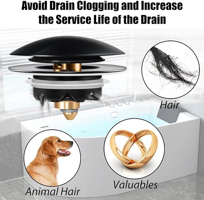 Bathtub Drain Stopper, Pop Up Tub Stopper and Cover, Bottom with Hair Catcher, Universal for 1.45 to 1.8in Drain, Replaces Old Drain Plug, Matte Black