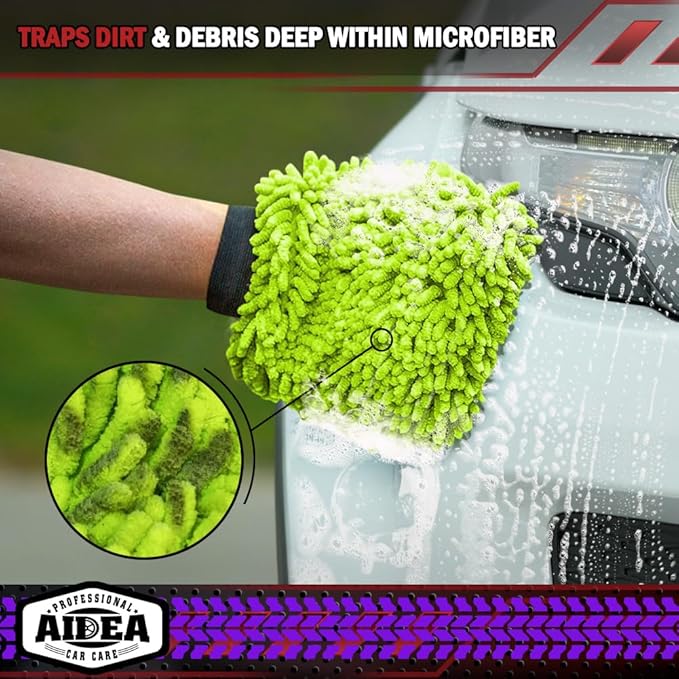 AIDEA Car Wash Mitt Microfiber, 2PK-Scratch-Free& Lint-Free, Premium Chenille Microfiber Wash Mitt-Green Extra Large Size (8''X12'')