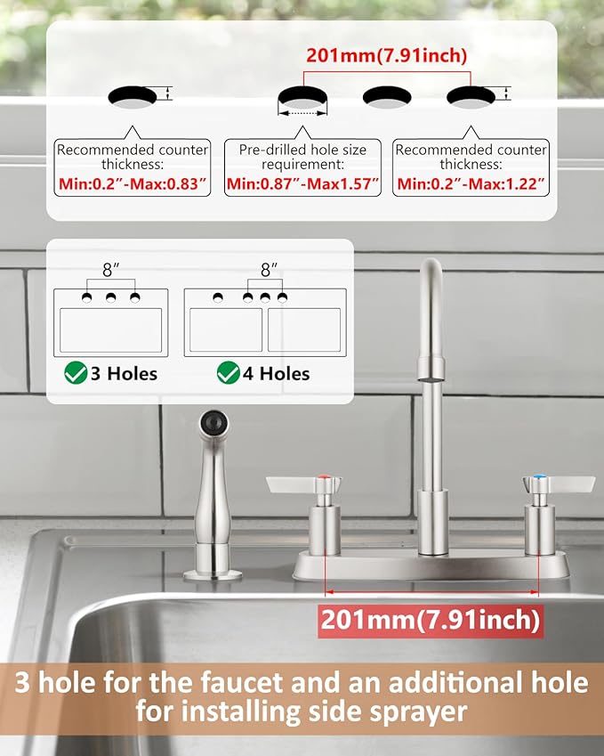 Kitchen Faucet with Sprayer 2 Handle Kitchen Sink Faucets 8 Inch Centerset 3 Hole with Supply Lines Brushed Nickel