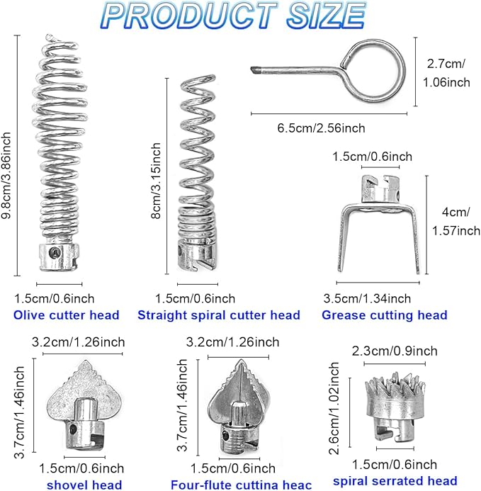 7 Pcs Drain Cleaner Combination Cutter Head Set 16mm Drain Snake Drill Attachmet Drain Snake Attachment for Pipeline Dredging Machine