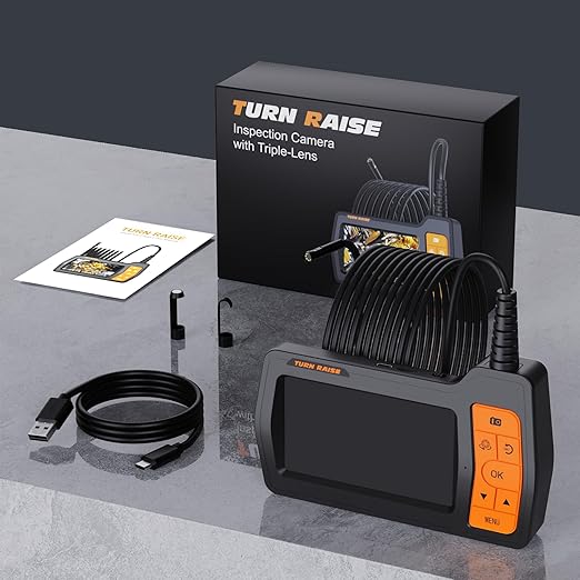 Triple Lens Inspection Drain Camera, 5" IPS Split Screen Borescope with Light & 32GB Card, 1080P HD Sewer Camera 16.5FT Semi-Rigid Cable, IP67 Plumbing Snake Endoscope Probe for HVAC + Case